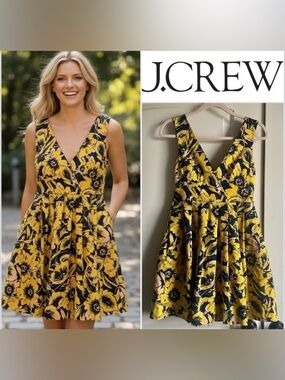 J. Crew Yellow Navy Floral Fit and Flare Dress with Pockets Size 2